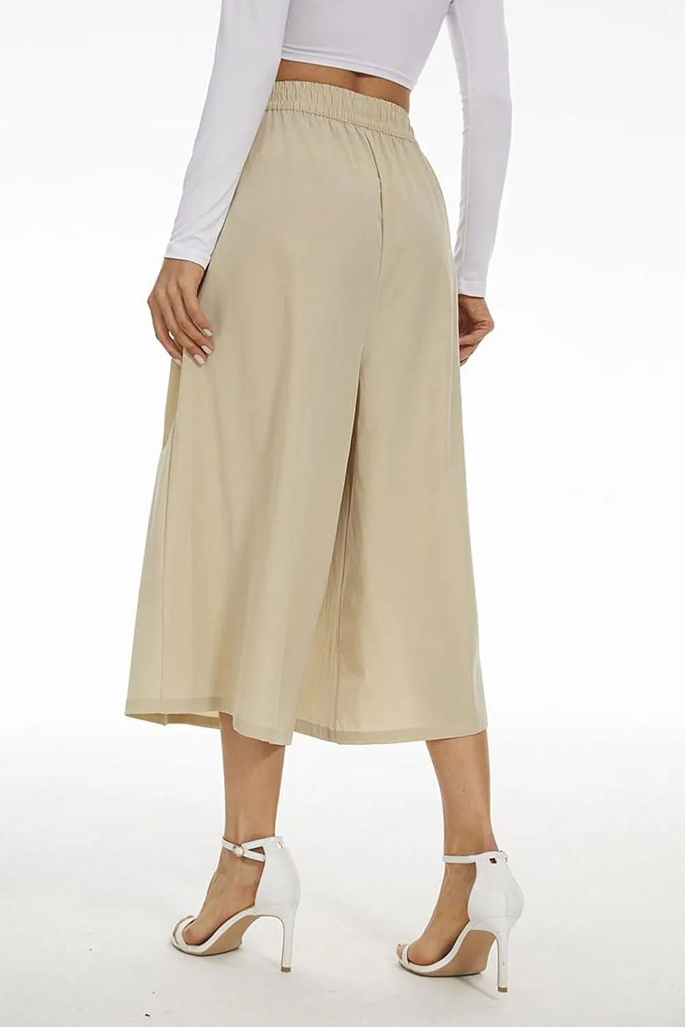 Double Plus Open Womens Casual Wide Leg Flowy Cropped Pants High Elastic Waist Drawstring Culottes with Pockets