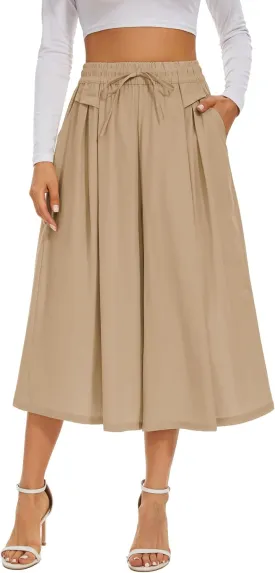 Double Plus Open Womens Casual Wide Leg Flowy Cropped Pants High Elastic Waist Drawstring Culottes with Pockets