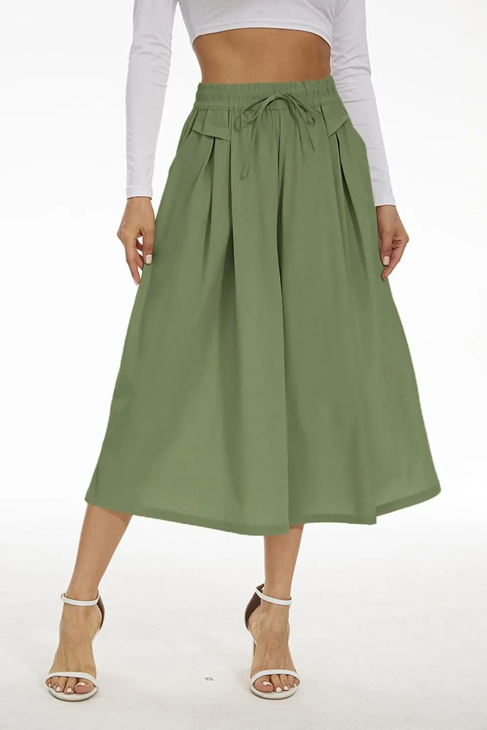 Double Plus Open Womens Casual Wide Leg Flowy Cropped Pants High Elastic Waist Drawstring Culottes with Pockets
