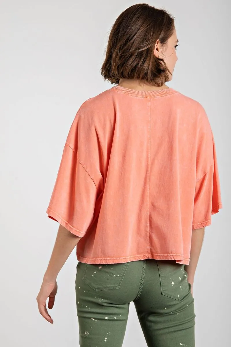 Easel Mineral Wash Crop Star Top - Coral