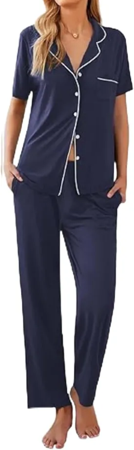 Ekouaer Women Pajamas Set Button Down Sleepwear Short Sleeve Nightwear with Long Pants Soft Pjs Set S-XXL