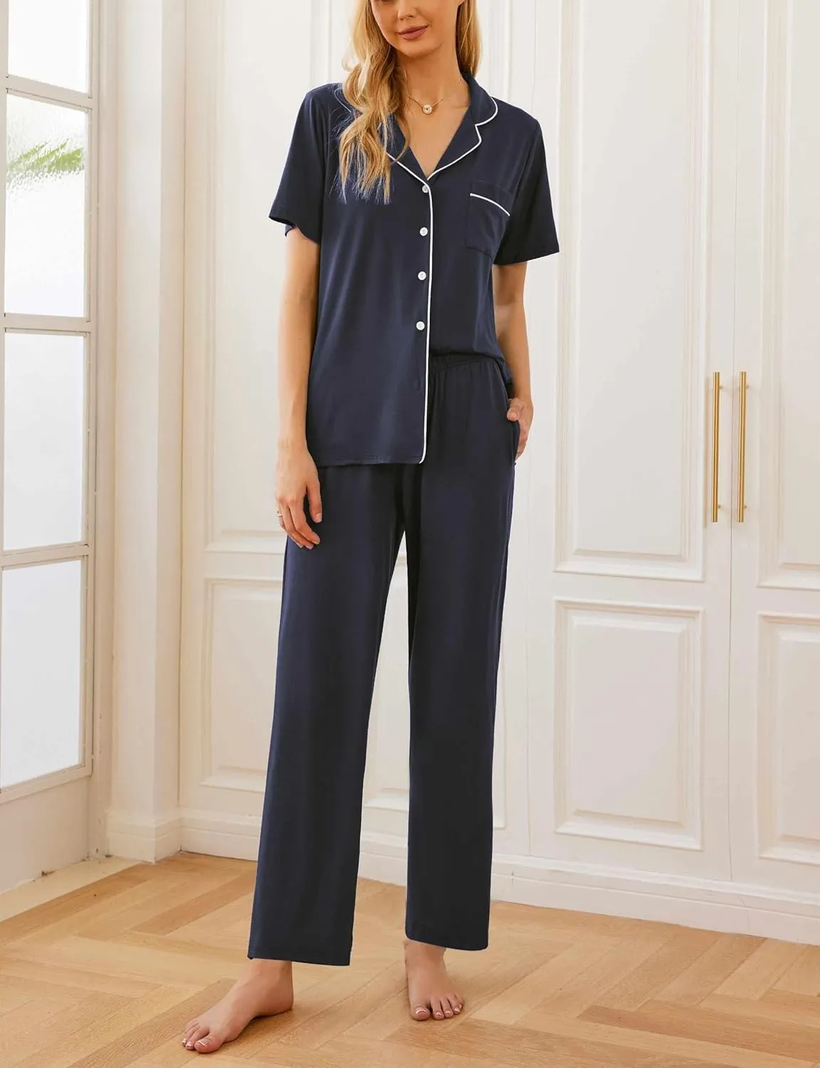 Ekouaer Women Pajamas Set Button Down Sleepwear Short Sleeve Nightwear with Long Pants Soft Pjs Set S-XXL