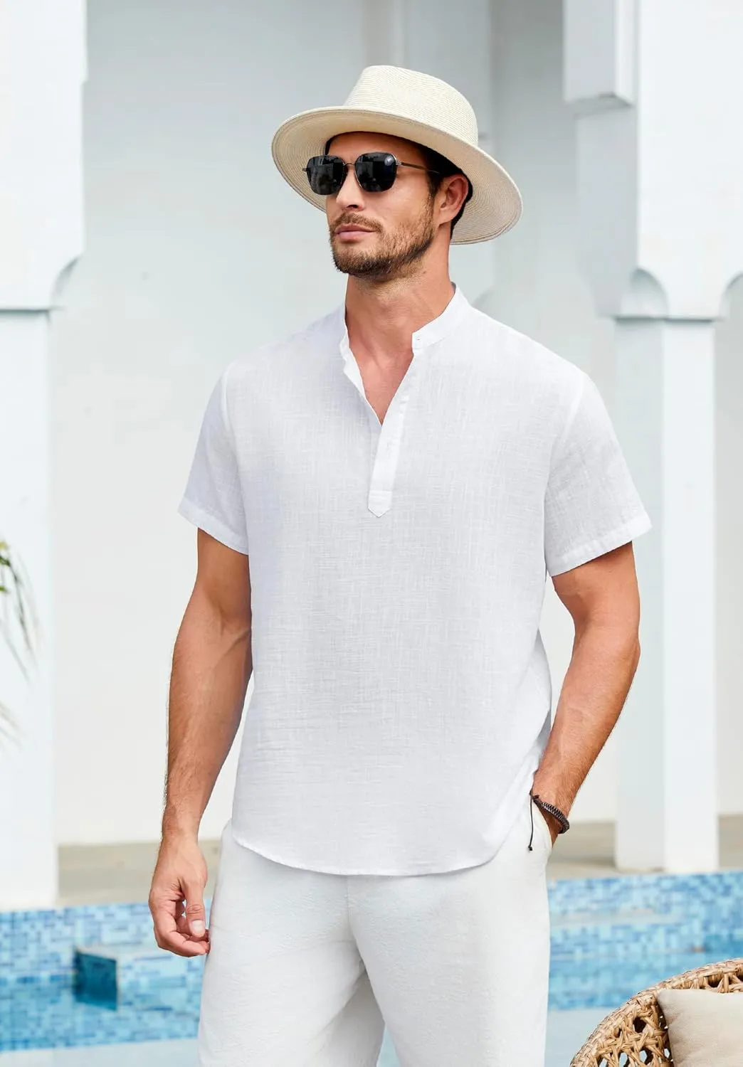 Enlision Mens Cotton Linen Henley Shirts Casual Short Sleeve Shirt Summer Beach Hippie Tshirt Band Collar Shirt for Men
