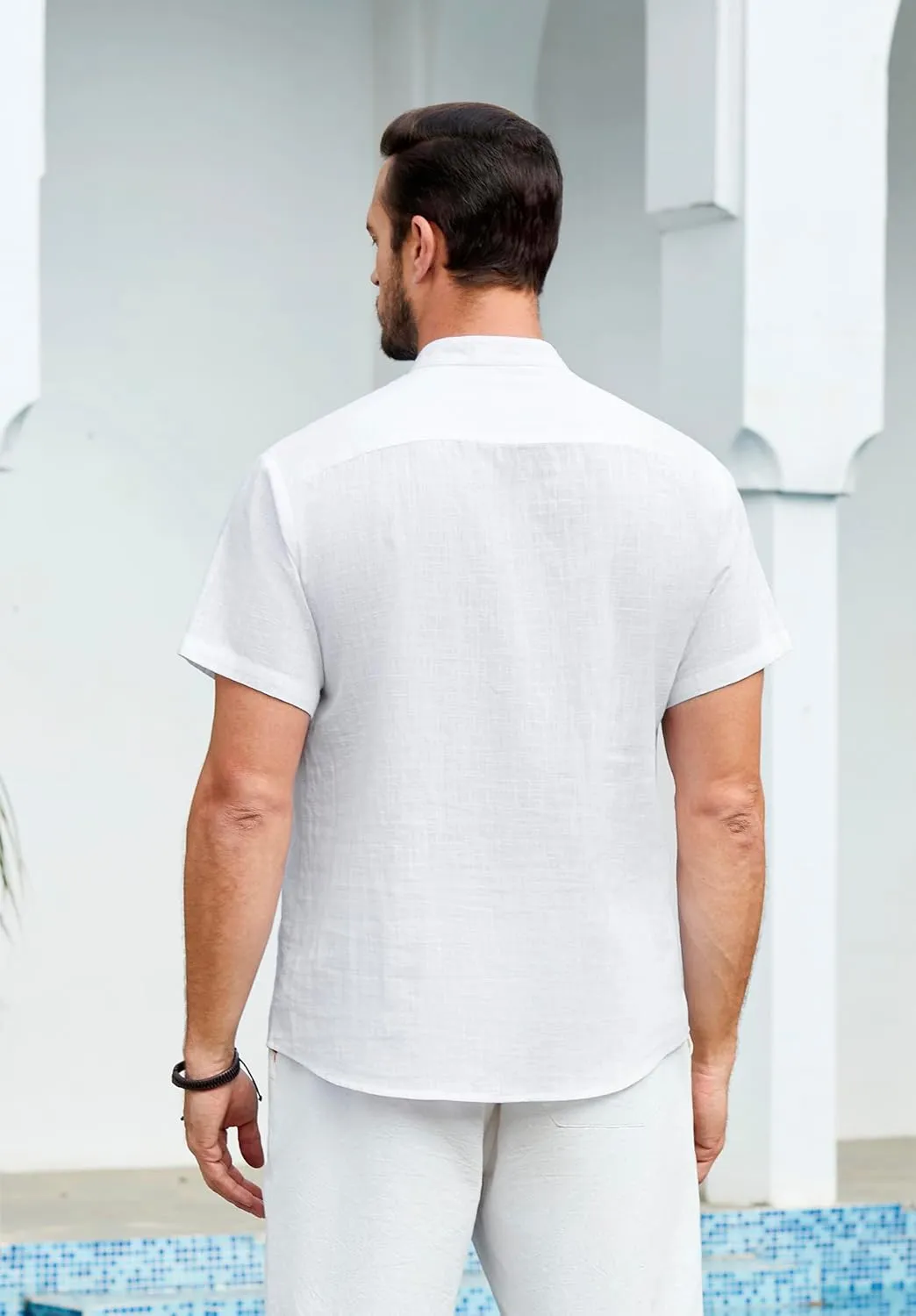 Enlision Mens Cotton Linen Henley Shirts Casual Short Sleeve Shirt Summer Beach Hippie Tshirt Band Collar Shirt for Men