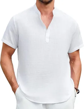 Enlision Mens Cotton Linen Henley Shirts Casual Short Sleeve Shirt Summer Beach Hippie Tshirt Band Collar Shirt for Men
