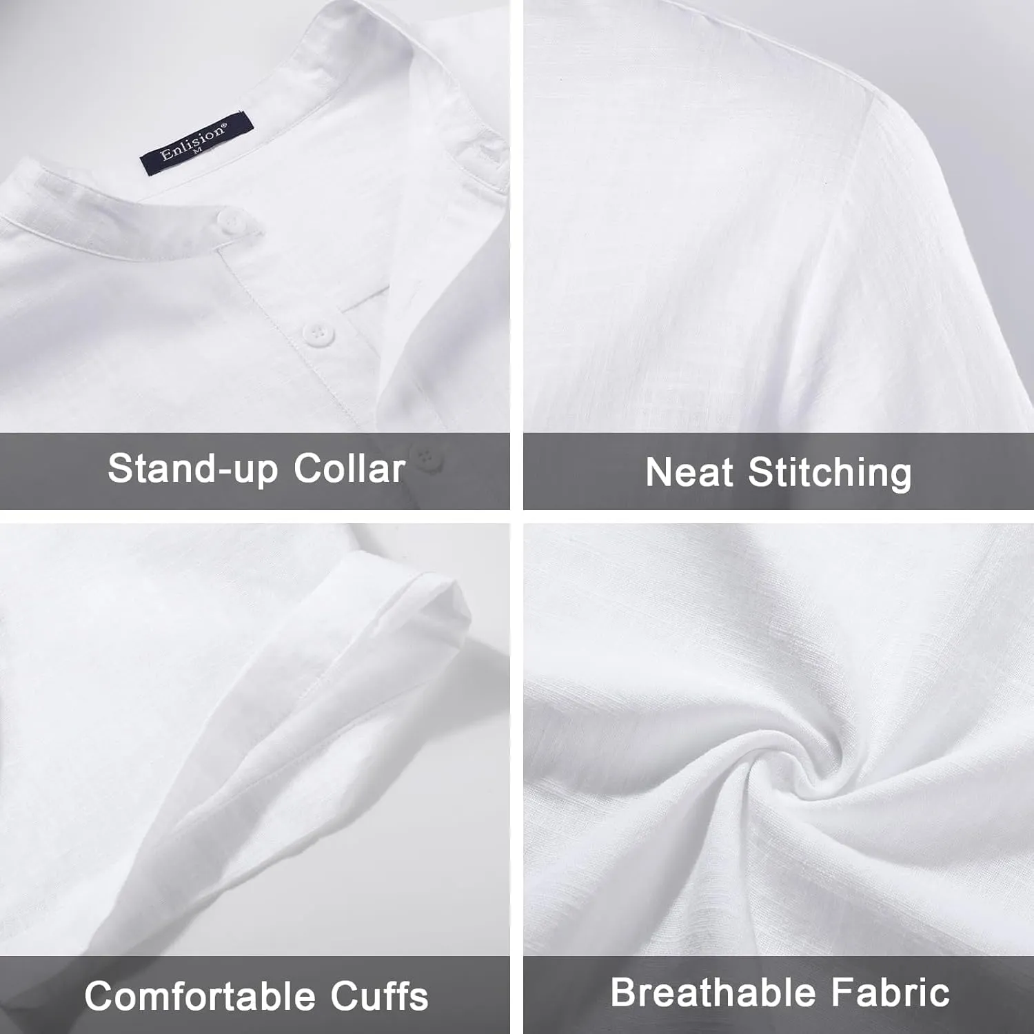 Enlision Mens Cotton Linen Henley Shirts Casual Short Sleeve Shirt Summer Beach Hippie Tshirt Band Collar Shirt for Men