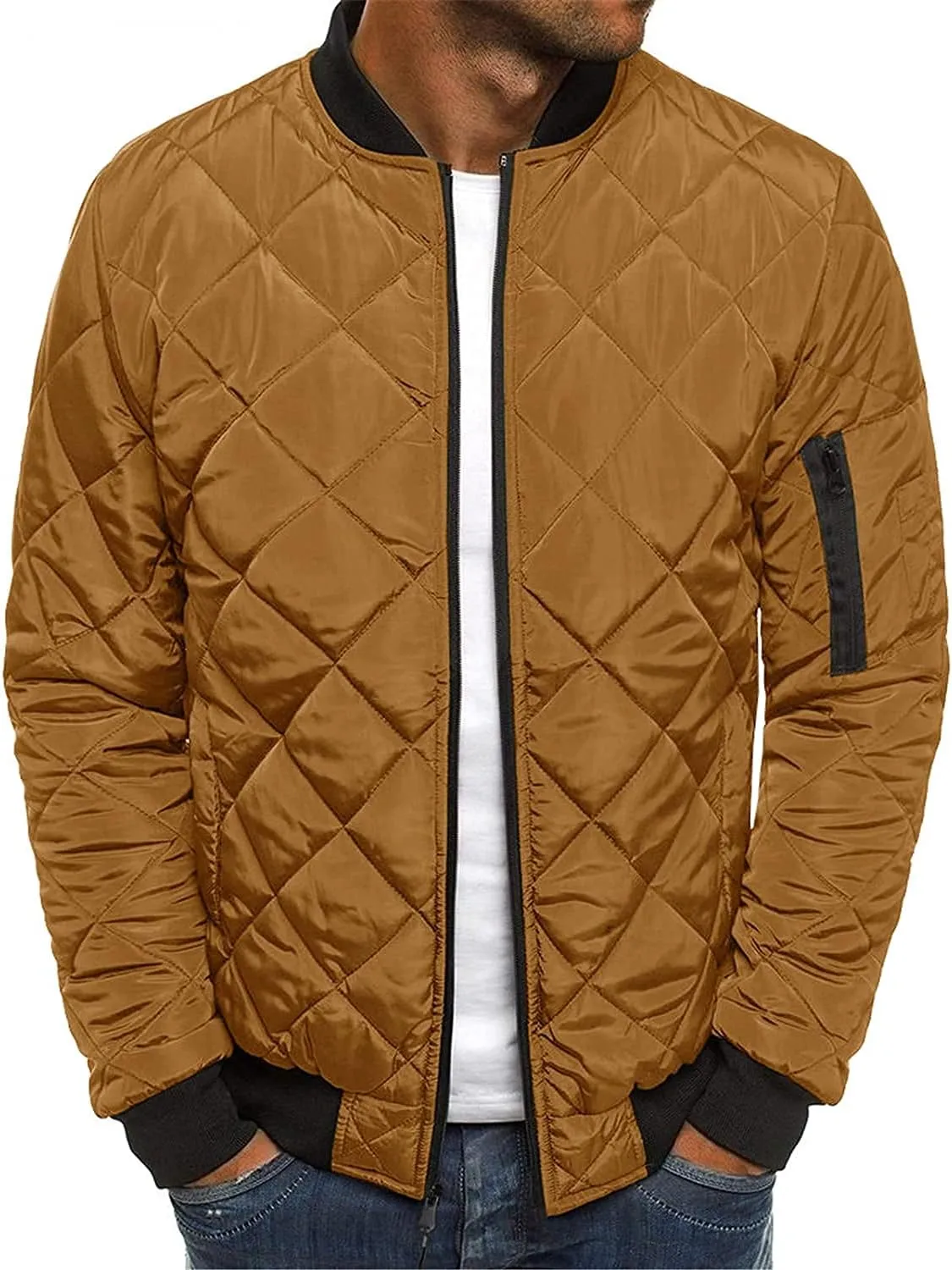 Gafeng Mens Flight Bomber Diamond Quilted Jacket Lightweight Varsity Jackets Winter Warm Padded Coats Outwear