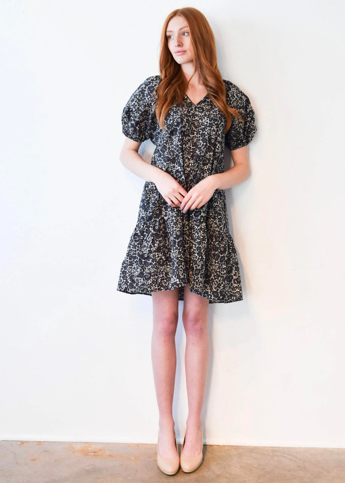 Gathered V Neck Short Dress Small Floral