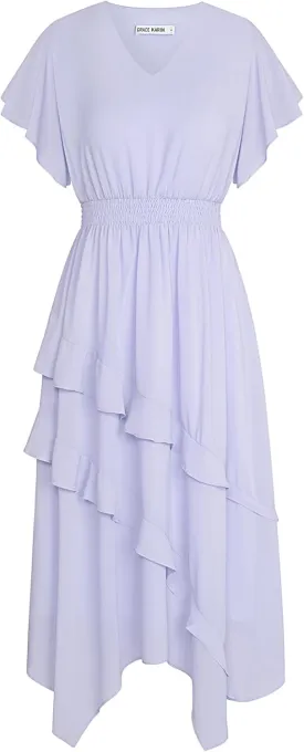 GRACE KARIN Women's Casual Summer V Neck Flutter Ruffle Short Sleeve 2025 Empire High Waist Flowy Midi Dresses