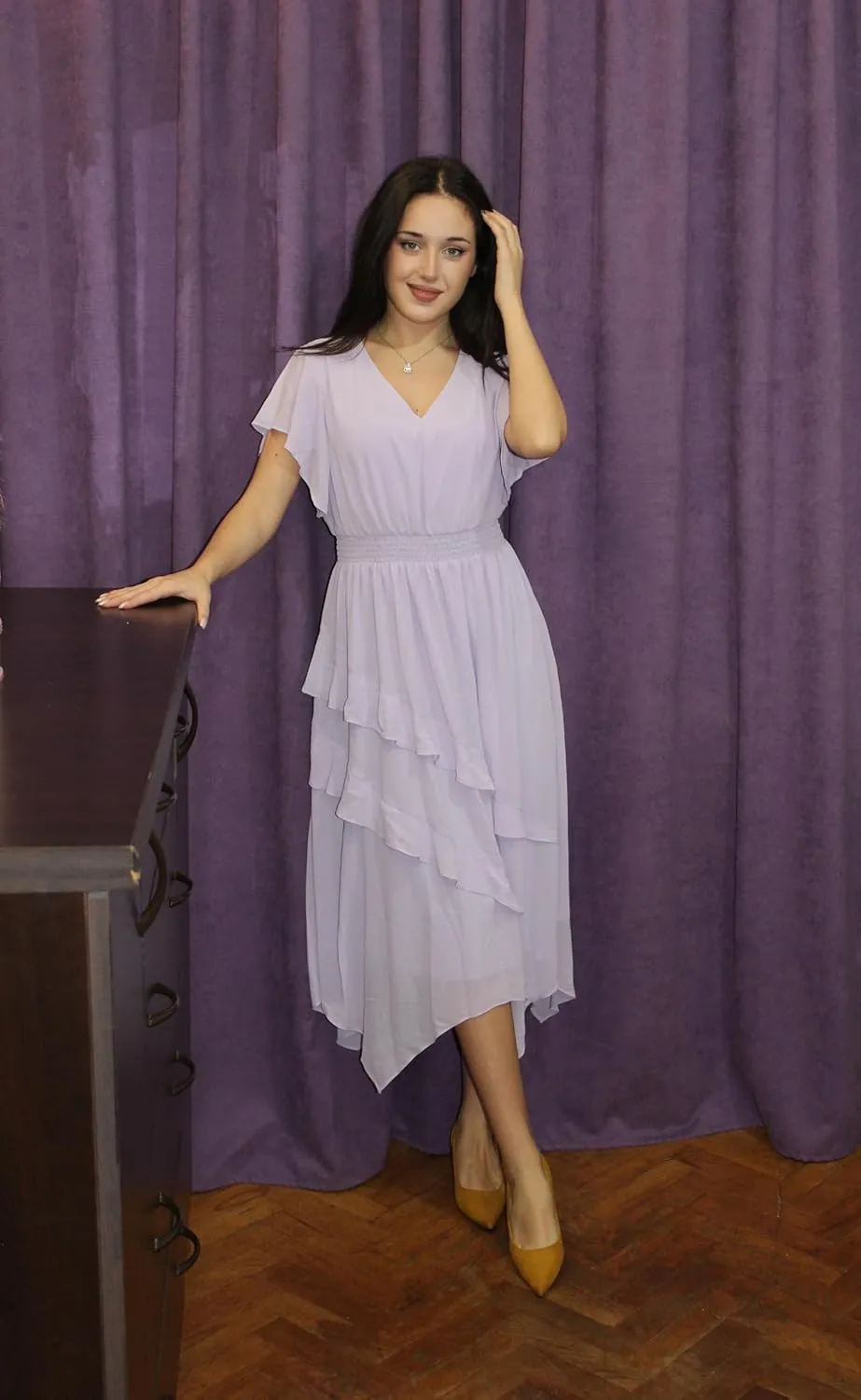 GRACE KARIN Women's Casual Summer V Neck Flutter Ruffle Short Sleeve 2025 Empire High Waist Flowy Midi Dresses