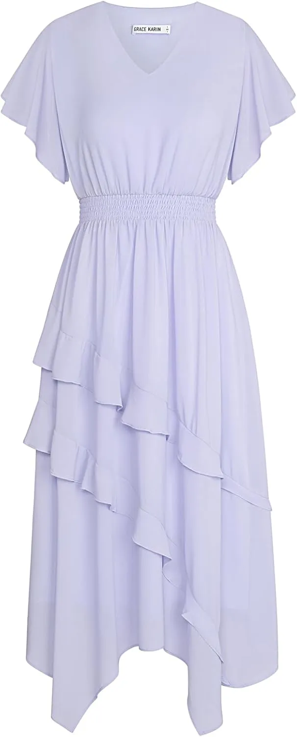 GRACE KARIN Women's Casual Summer V Neck Flutter Ruffle Short Sleeve 2025 Empire High Waist Flowy Midi Dresses