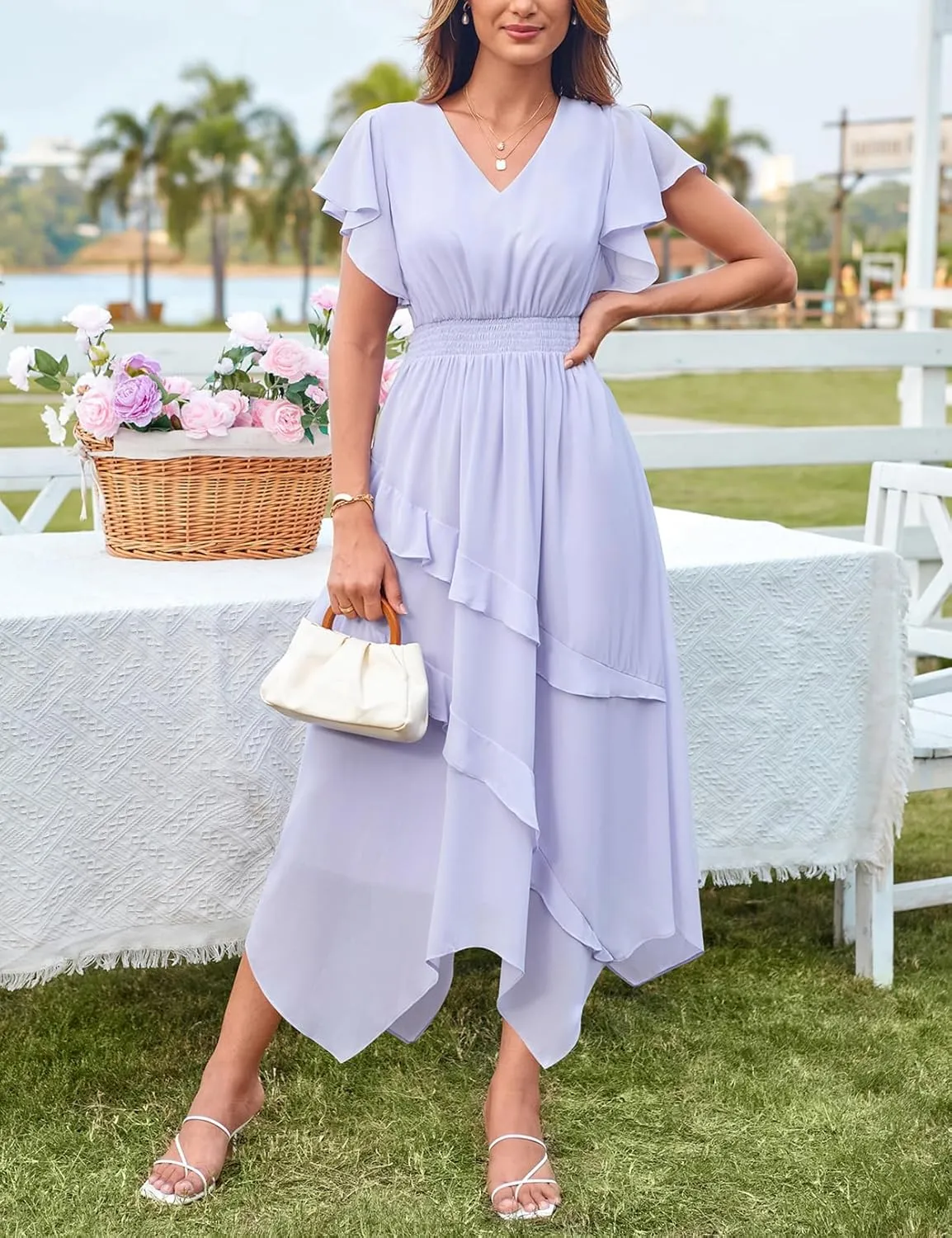 GRACE KARIN Women's Casual Summer V Neck Flutter Ruffle Short Sleeve 2025 Empire High Waist Flowy Midi Dresses