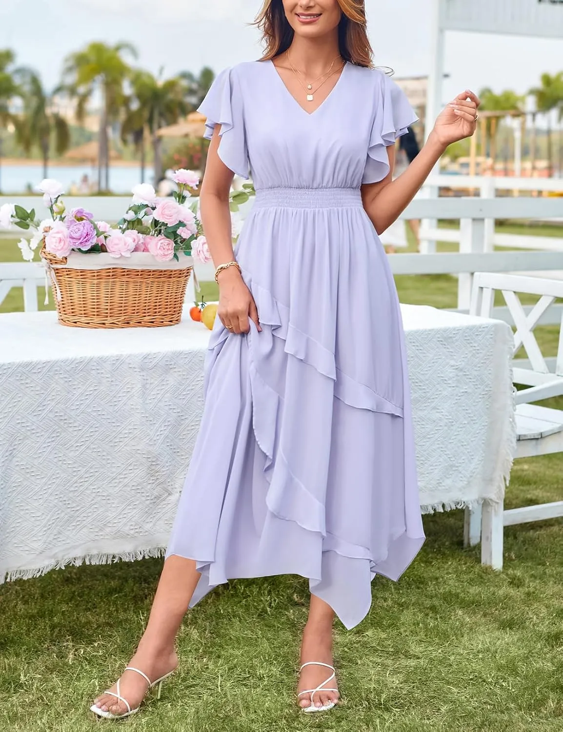 GRACE KARIN Women's Casual Summer V Neck Flutter Ruffle Short Sleeve 2025 Empire High Waist Flowy Midi Dresses