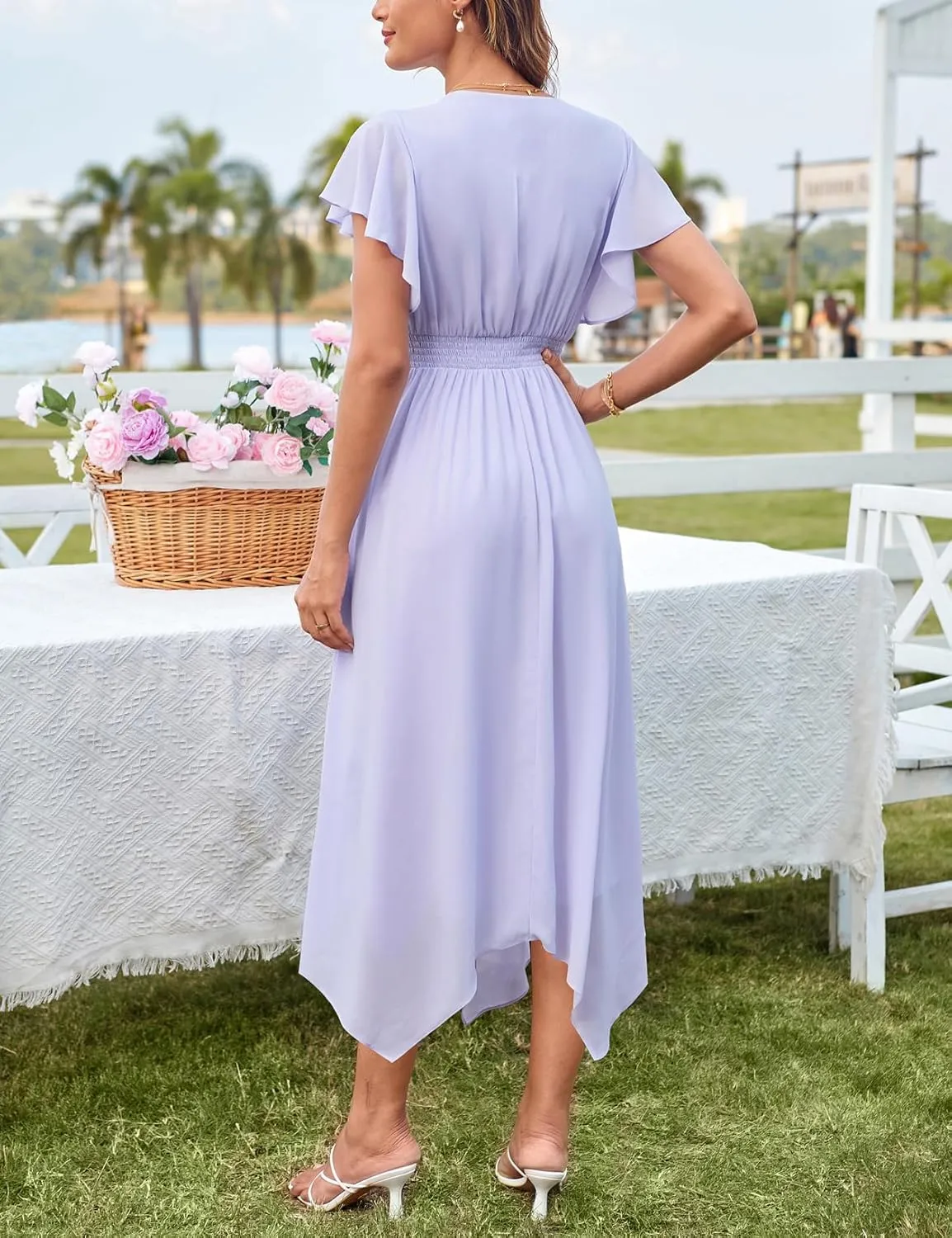 GRACE KARIN Women's Casual Summer V Neck Flutter Ruffle Short Sleeve 2025 Empire High Waist Flowy Midi Dresses