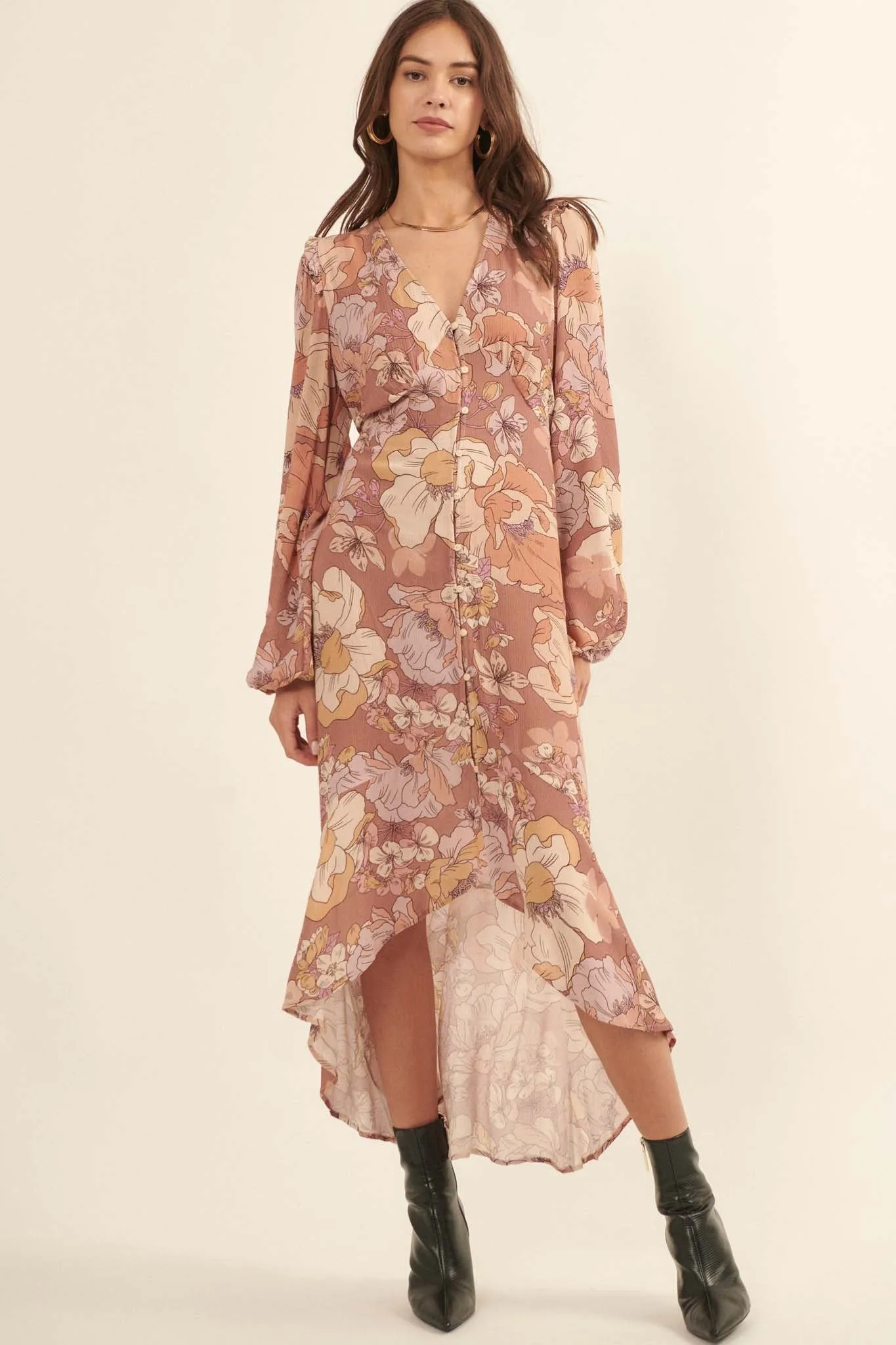 Heirloom Garden Floral High-Low Midi Dress