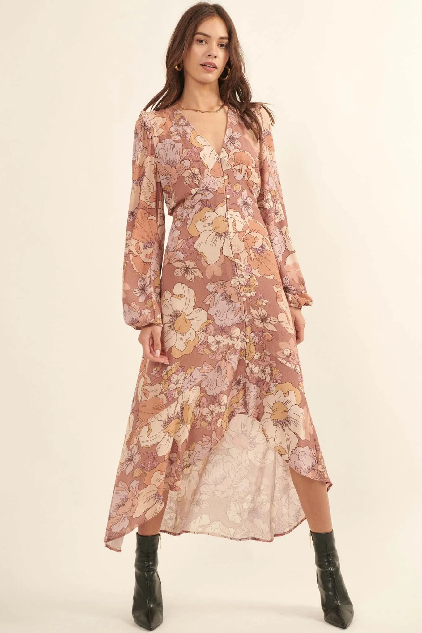Heirloom Garden Floral High-Low Midi Dress