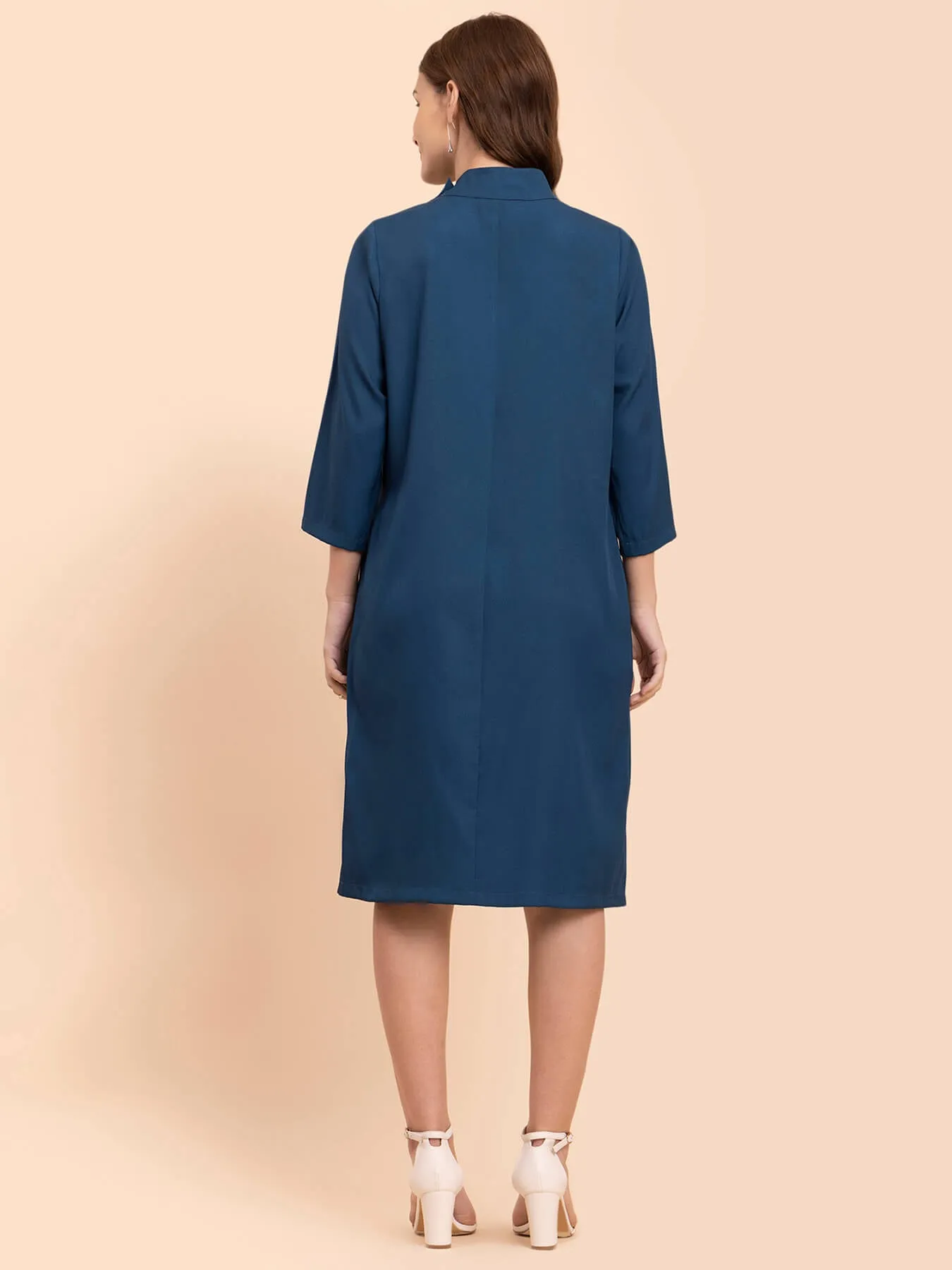 High Neck Button Down Shirt Dress - Teal