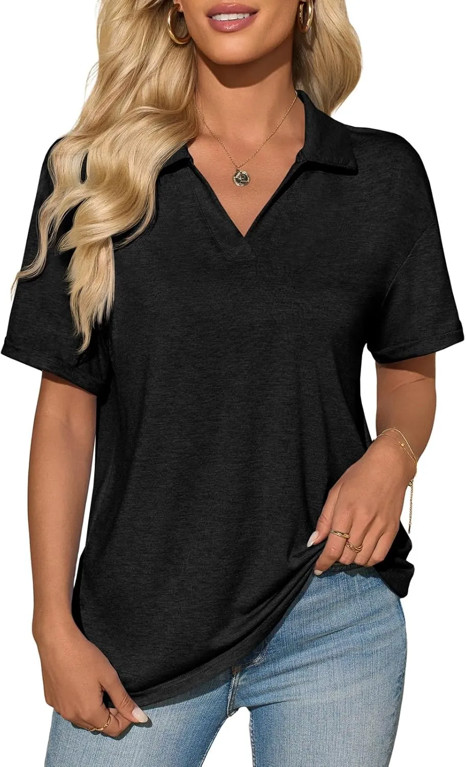 Imily Bela Womens Short Sleeve Polo T Shirts V Neck Summer Casual Basic Tee Tops