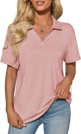 Imily Bela Womens Short Sleeve Polo T Shirts V Neck Summer Casual Basic Tee Tops