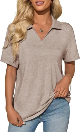 Imily Bela Womens Short Sleeve Polo T Shirts V Neck Summer Casual Basic Tee Tops
