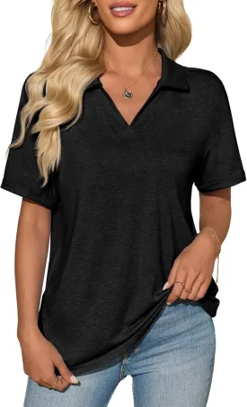 Imily Bela Womens Short Sleeve Polo T Shirts V Neck Summer Casual Basic Tee Tops
