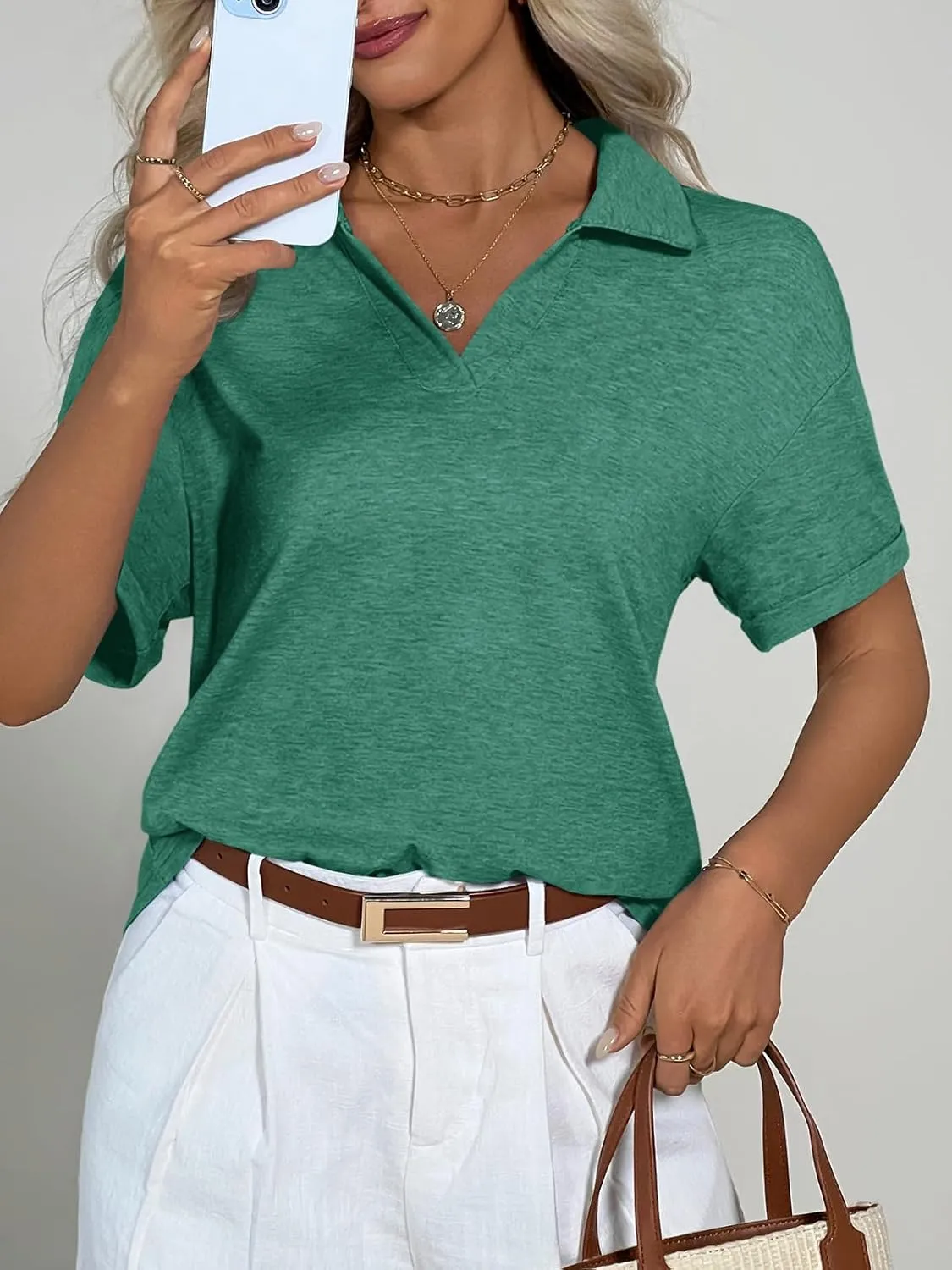 Imily Bela Womens Short Sleeve Polo T Shirts V Neck Summer Casual Basic Tee Tops