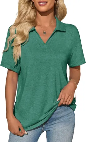 Imily Bela Womens Short Sleeve Polo T Shirts V Neck Summer Casual Basic Tee Tops