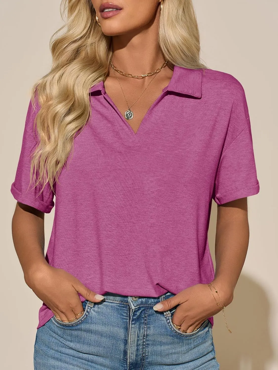Imily Bela Womens Short Sleeve Polo T Shirts V Neck Summer Casual Basic Tee Tops