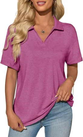 Imily Bela Womens Short Sleeve Polo T Shirts V Neck Summer Casual Basic Tee Tops