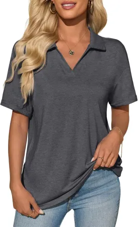 Imily Bela Womens Short Sleeve Polo T Shirts V Neck Summer Casual Basic Tee Tops