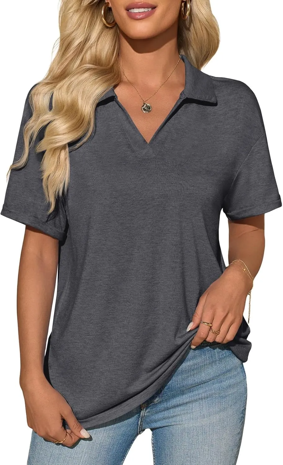Imily Bela Womens Short Sleeve Polo T Shirts V Neck Summer Casual Basic Tee Tops