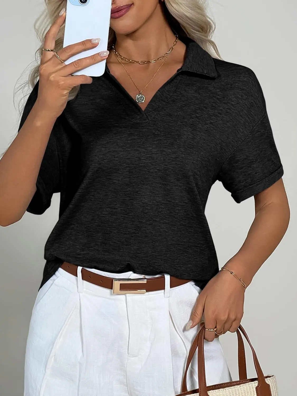 Imily Bela Womens Short Sleeve Polo T Shirts V Neck Summer Casual Basic Tee Tops
