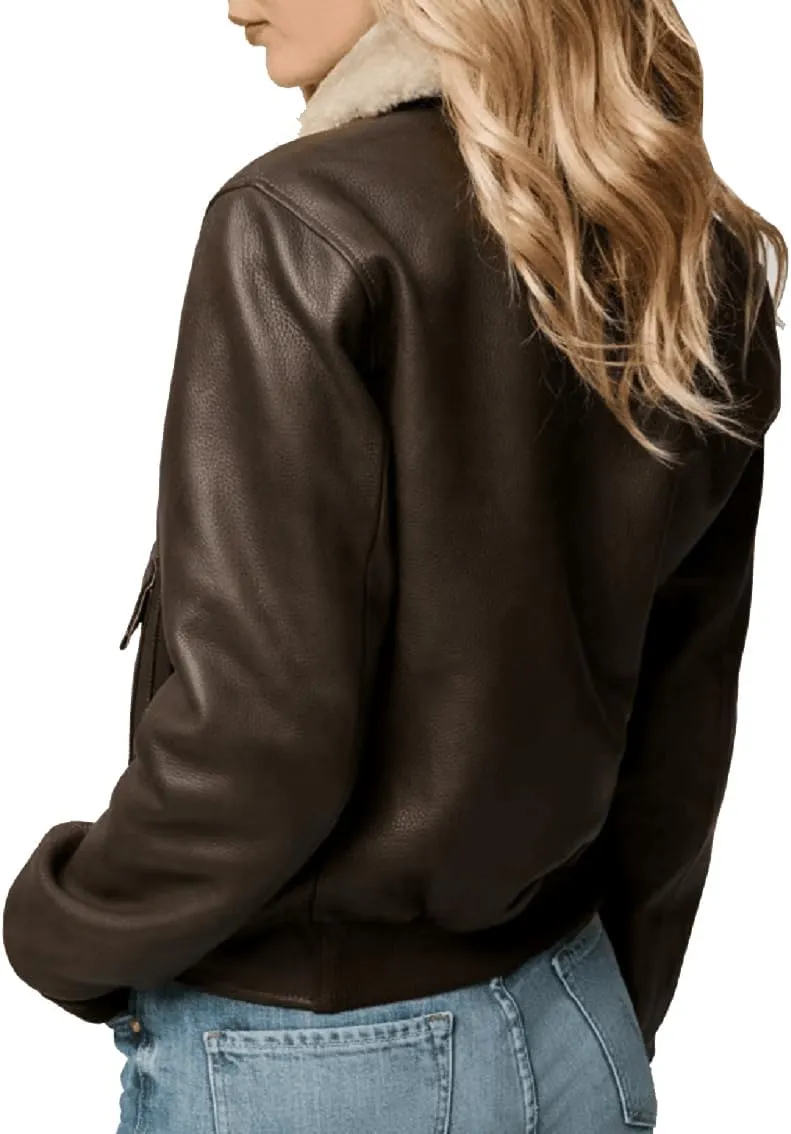 Isaac & David Chicago Womens A2 Aviator Removable Fur Collar Leather Jacket Women Genuine A-2 Aviator Leather Bomber Jacket
