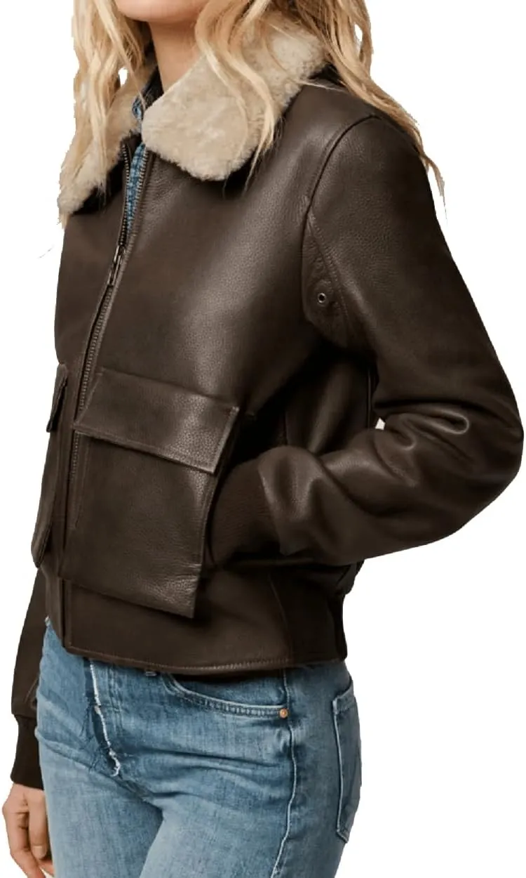 Isaac & David Chicago Womens A2 Aviator Removable Fur Collar Leather Jacket Women Genuine A-2 Aviator Leather Bomber Jacket