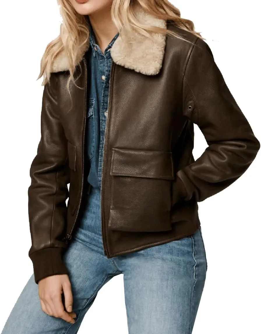 Isaac & David Chicago Womens A2 Aviator Removable Fur Collar Leather Jacket Women Genuine A-2 Aviator Leather Bomber Jacket