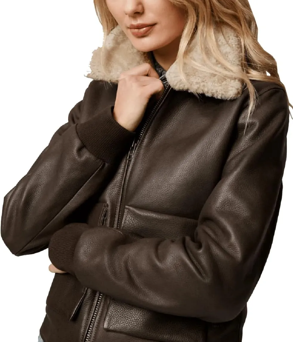 Isaac & David Chicago Womens A2 Aviator Removable Fur Collar Leather Jacket Women Genuine A-2 Aviator Leather Bomber Jacket