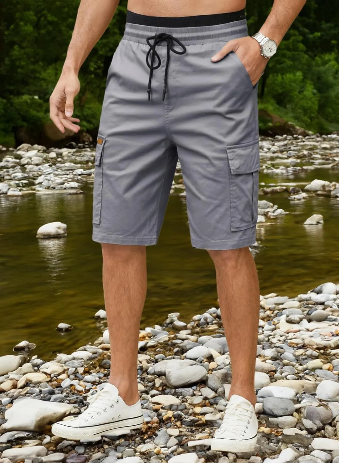 JMIERR Mens Casual Twill Cargo Shorts Cotton Drawstring Classic Cargo Stretch Short with 6 Pockets