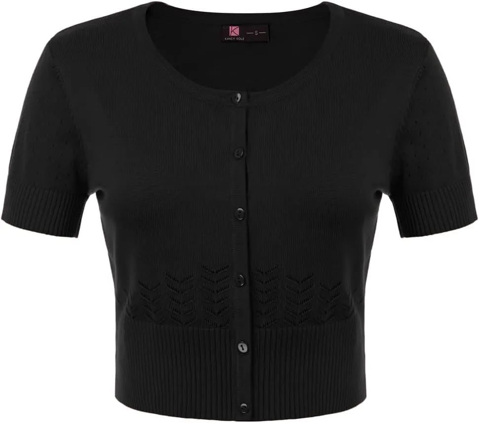 KANCY KOLE Women's Soft Basic Crew Neck Short Sleeve Cropped Bolero Cardigan Sweater