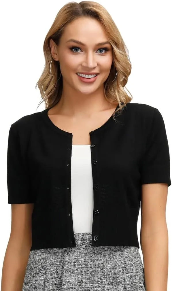 KANCY KOLE Women's Soft Basic Crew Neck Short Sleeve Cropped Bolero Cardigan Sweater