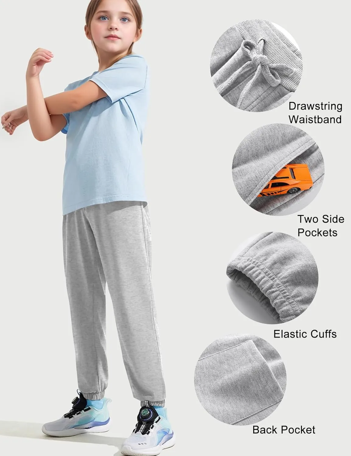 Kissonic 3 Pack Boys Girls Sweatpants Active Joggers Kids Elastic Waist Athletic Jogger Pants with Pockets Drawstring