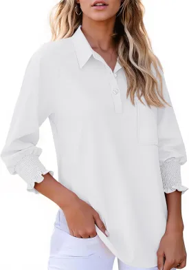 Kistore Womens Button Down Shirts 3/4 Sleeve Smocked Cuffed Business Work Tunic Top with Pocket Collared Blouses