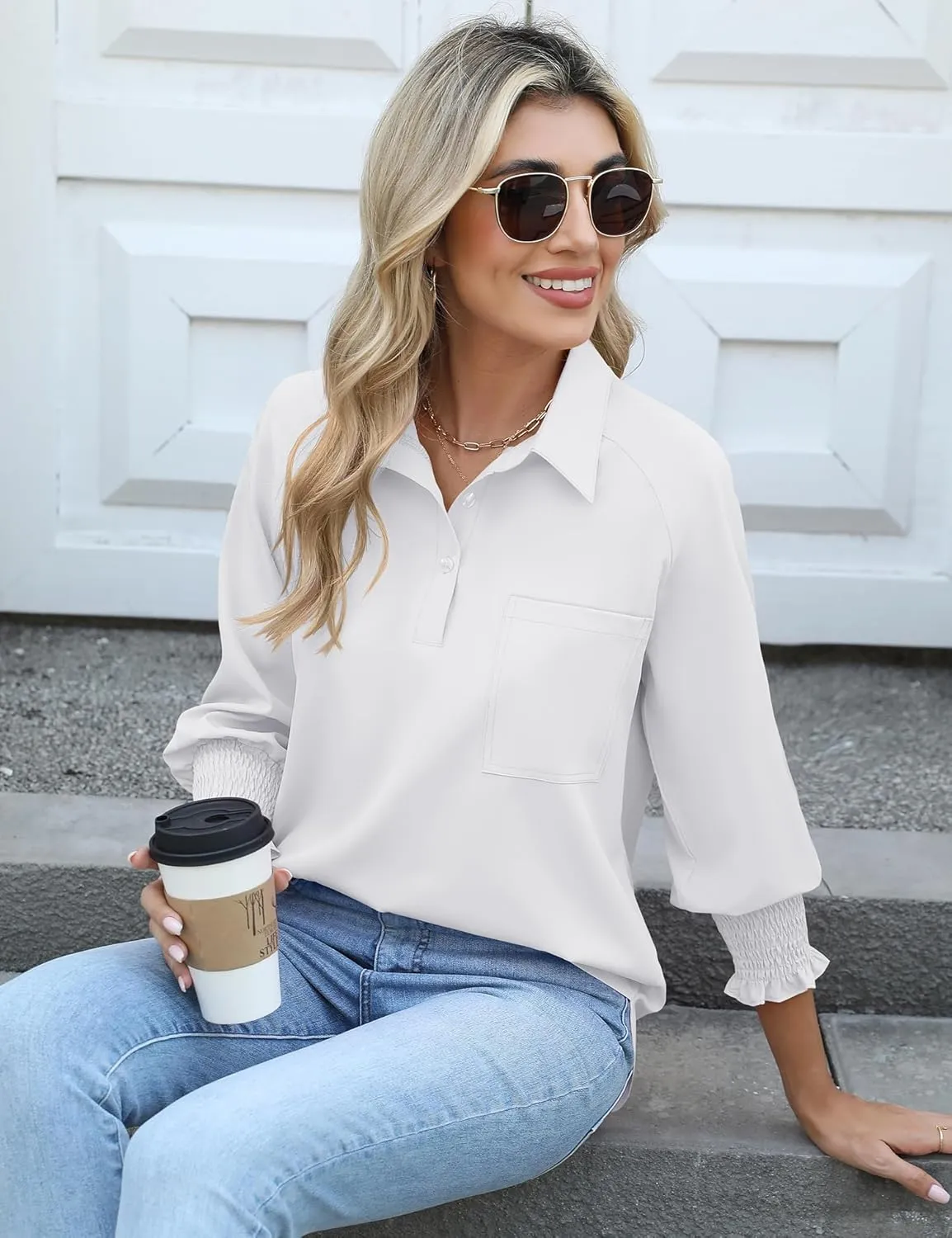 Kistore Womens Button Down Shirts 3/4 Sleeve Smocked Cuffed Business Work Tunic Top with Pocket Collared Blouses