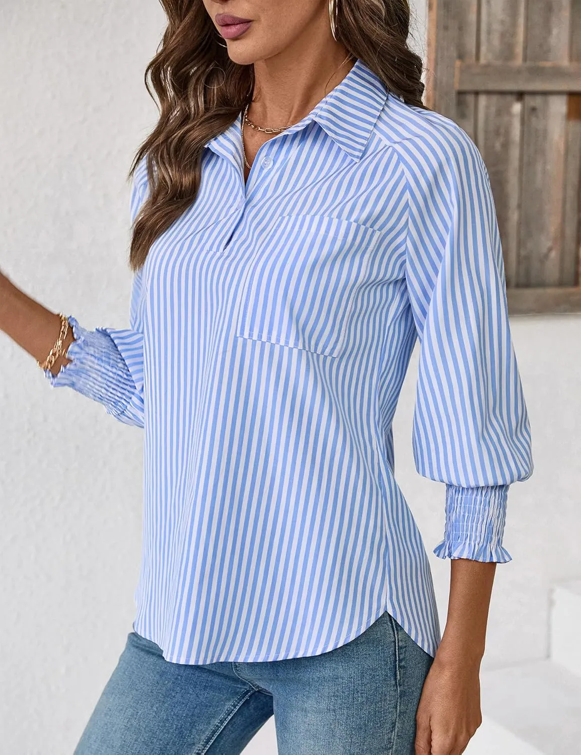 Kistore Womens Button Down Shirts 3/4 Sleeve Smocked Cuffed Business Work Tunic Top with Pocket Collared Blouses