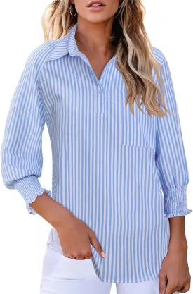 Kistore Womens Button Down Shirts 3/4 Sleeve Smocked Cuffed Business Work Tunic Top with Pocket Collared Blouses