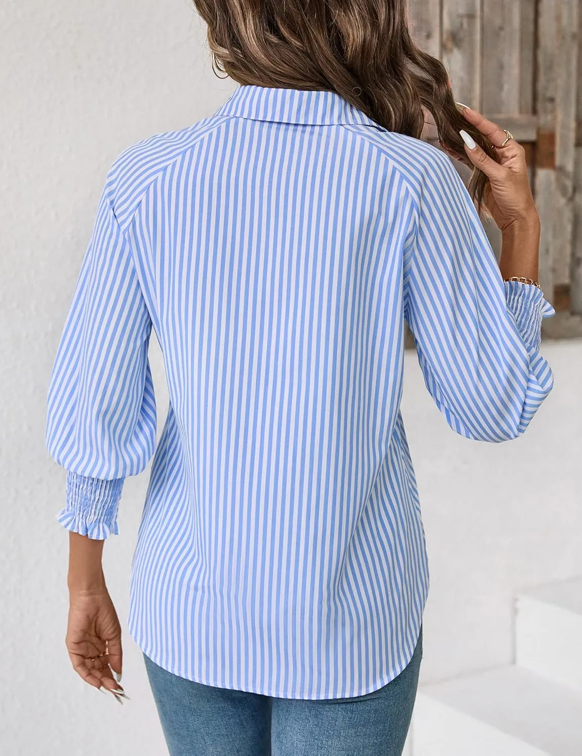Kistore Womens Button Down Shirts 3/4 Sleeve Smocked Cuffed Business Work Tunic Top with Pocket Collared Blouses