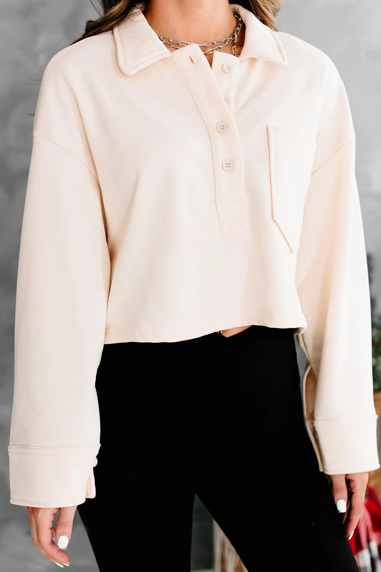 Let's Talk It Out French Terry Collared Crop Top (Beige)