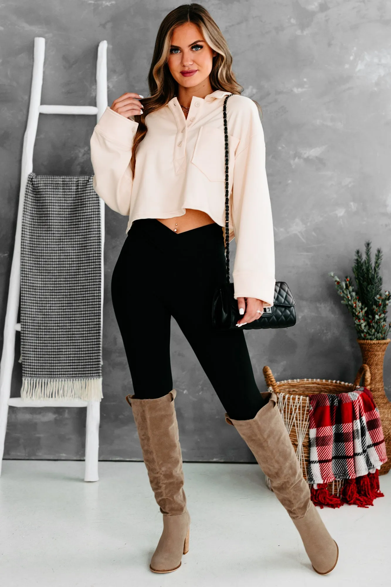 Let's Talk It Out French Terry Collared Crop Top (Beige)