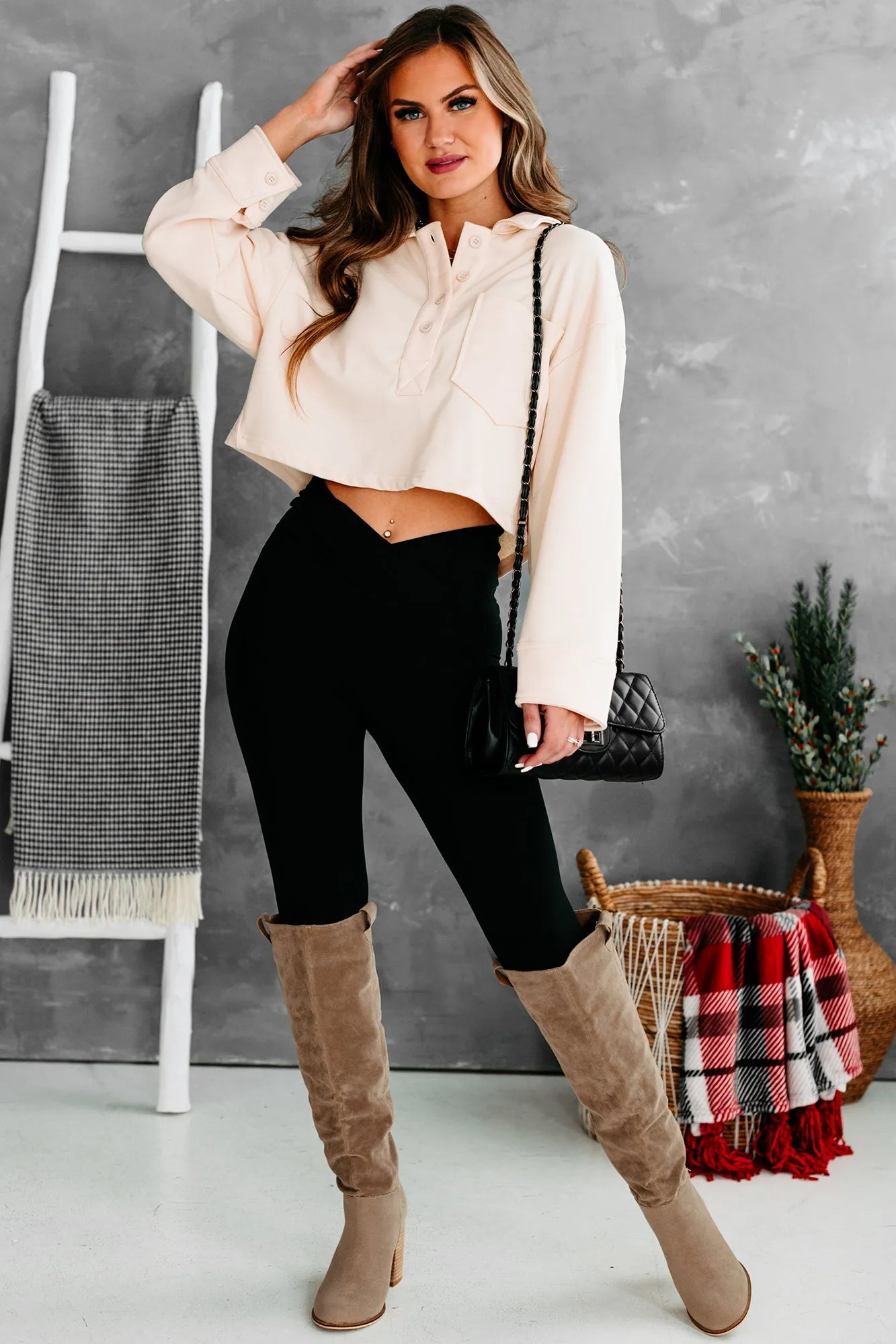 Let's Talk It Out French Terry Collared Crop Top (Beige)