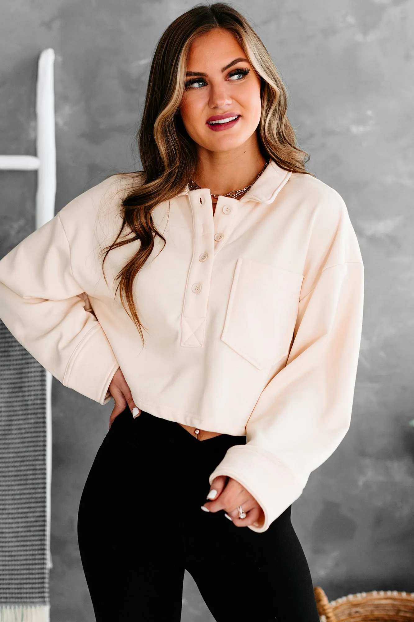 Let's Talk It Out French Terry Collared Crop Top (Beige)