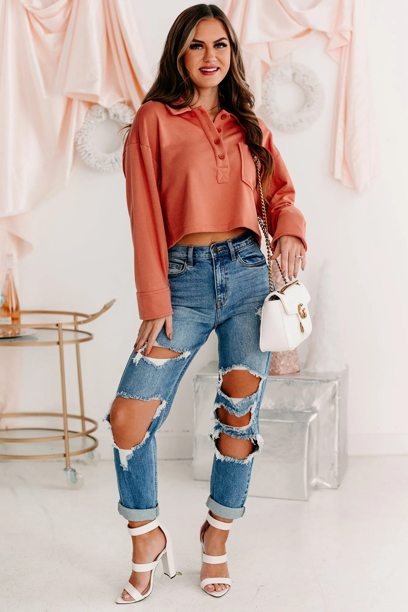 Let's Talk It Out French Terry Collared Crop Top (Brick)